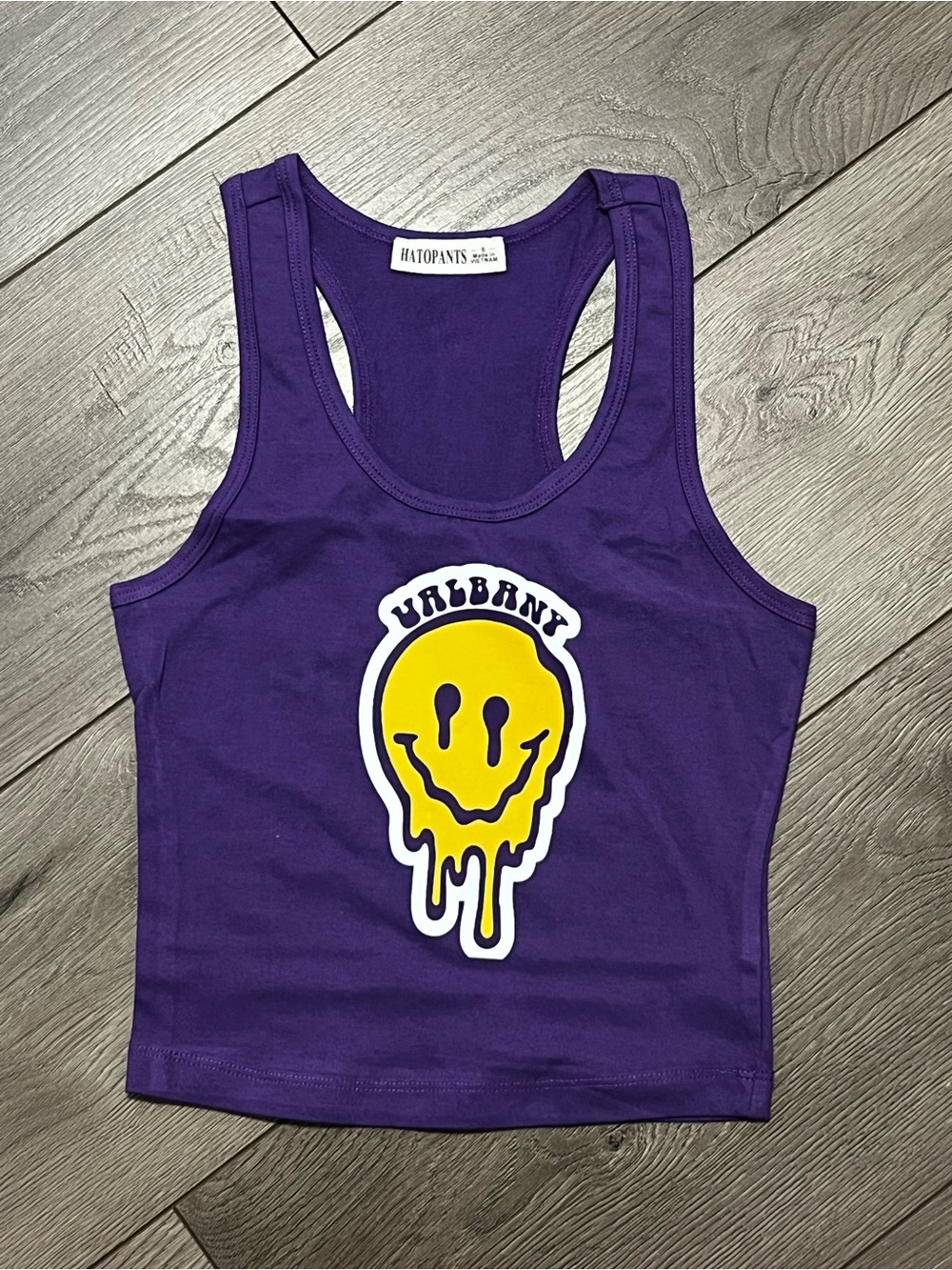 College Commitment U Albany Purple Graphic Tank Top with Yellow Drip Smile